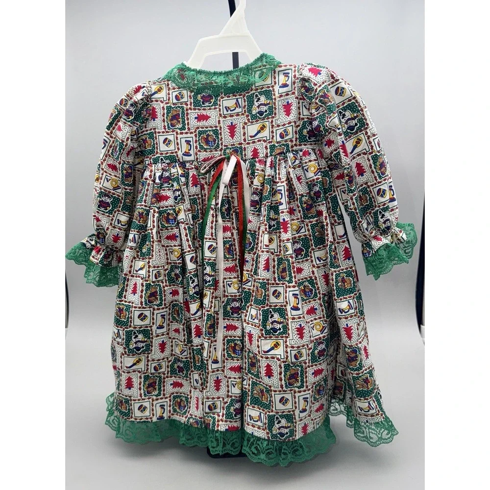 Vintage Handmade Girls Christmas Dress Pants Set Approx 2T Holiday 3 Piece